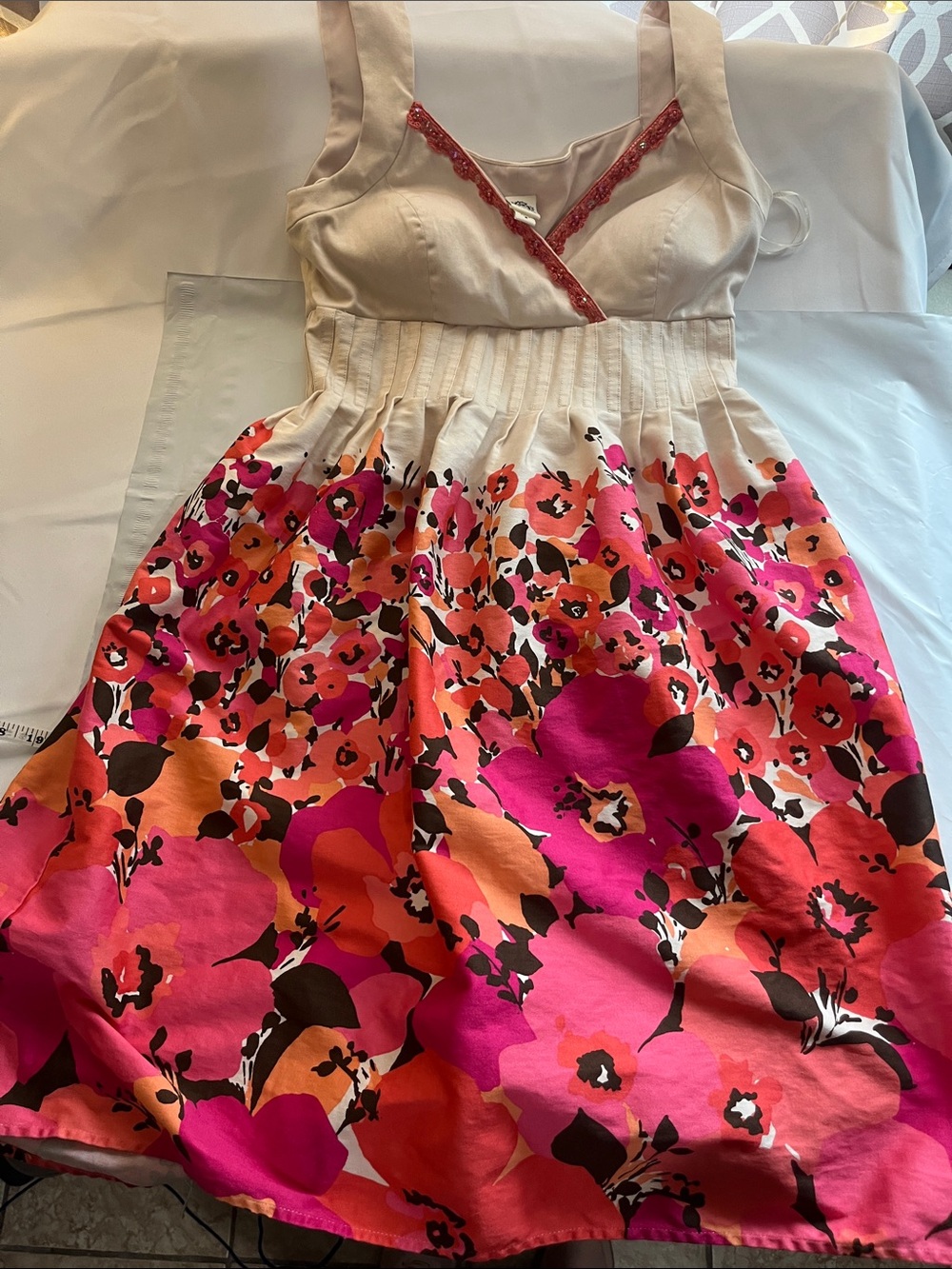 Signature by Sangria Cream Bodice Pink & Orange Floral Sundress